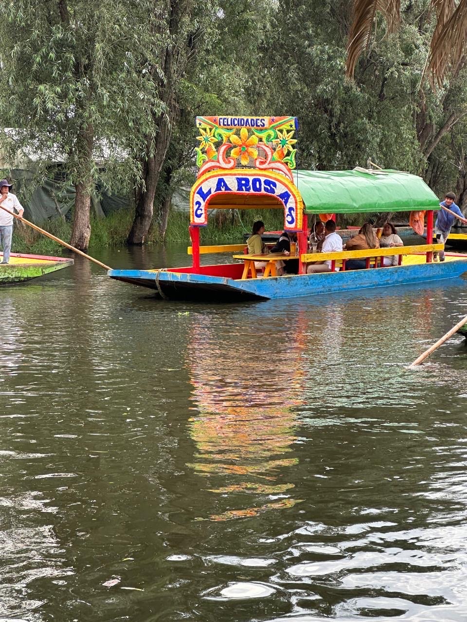 Trajinera navegando junto a los arboles del canal